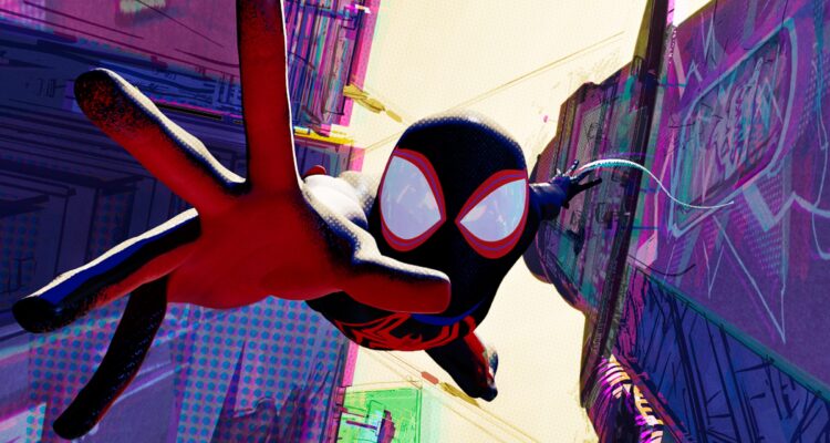 Miles Morales' Spider-Man falling towards frame