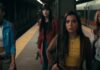 The cast of Madame Webb in a subway station looking confused
