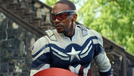 Sam Wilson's Captain America standing in costume with his shield backtothepicture.net movie still