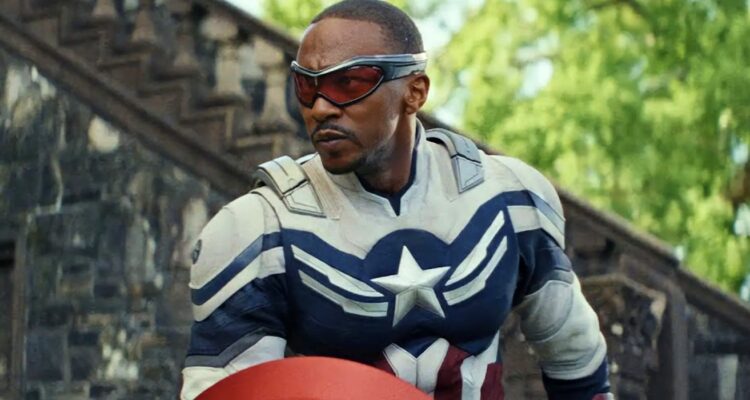 Sam Wilson's Captain America standing in costume with his shield backtothepicture.net movie still