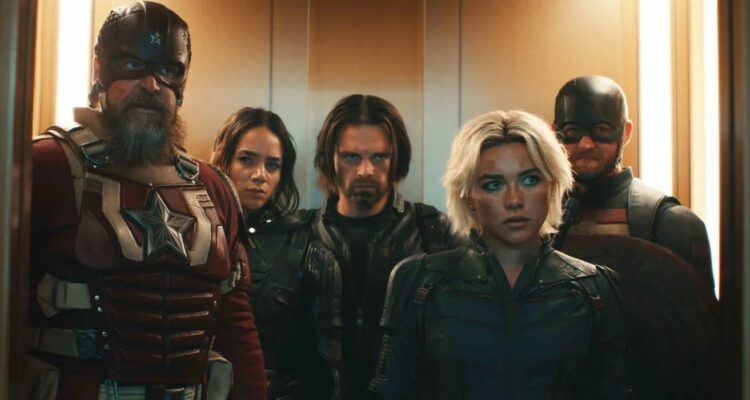 The cast of Thunderbolts* standing together in an elevator